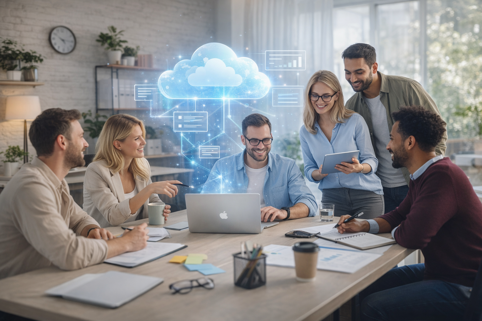 CloudActive team collaborating in a modern office with digital cloud and data visualisations representing Salesforce solutions and digital transformation.