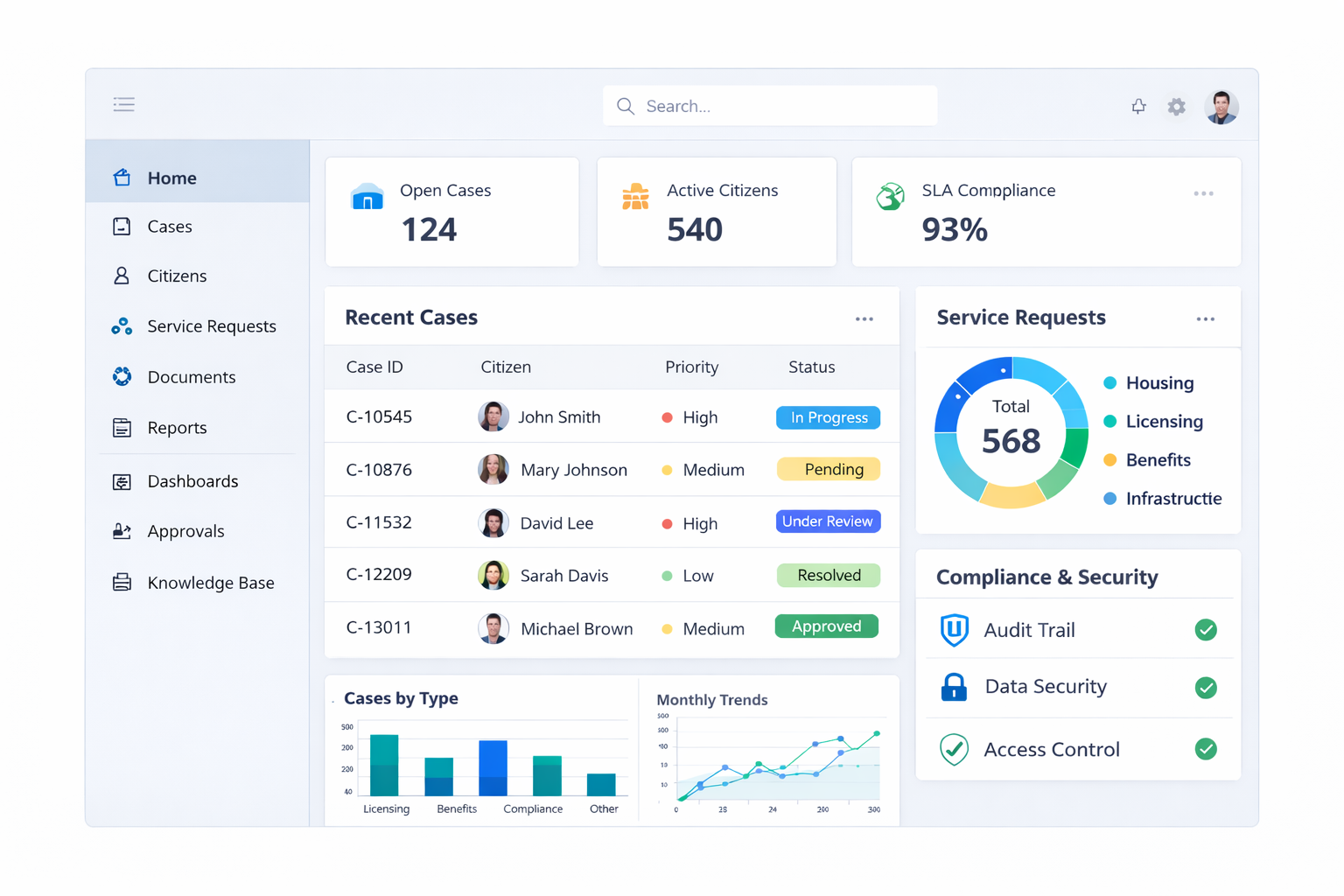 Public Sector case management and compliance dashboard interface